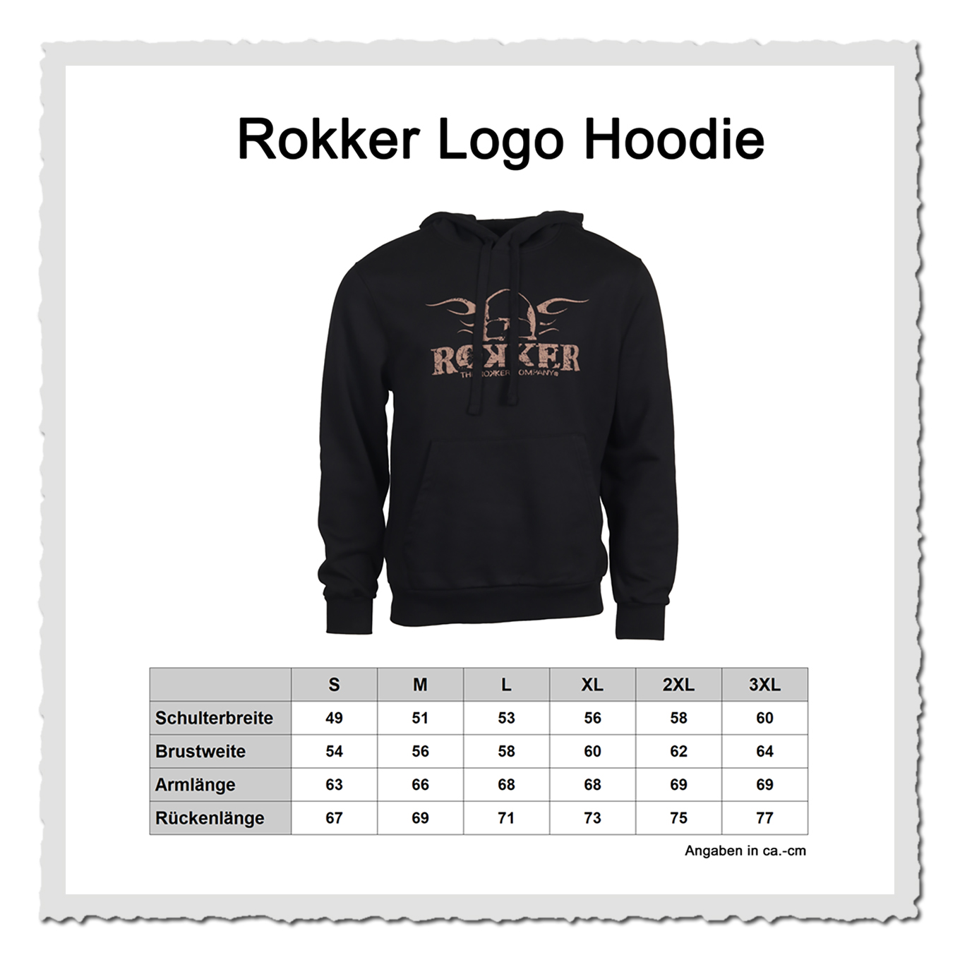 Produktgrafik eines schwarzen Hoodies mit Größentabelle auf hellem Hintergrund.